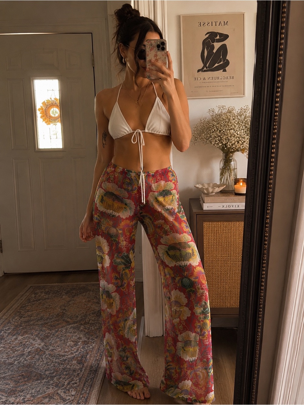 Vibrant Red Floral Wide-Leg Pants
